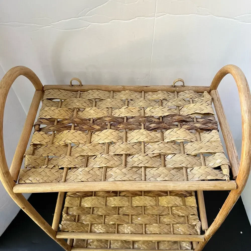 Vintage Wicker Rattan Wall Cabinet Shelf Hanging Bathroom Boho MCM Folding Towel